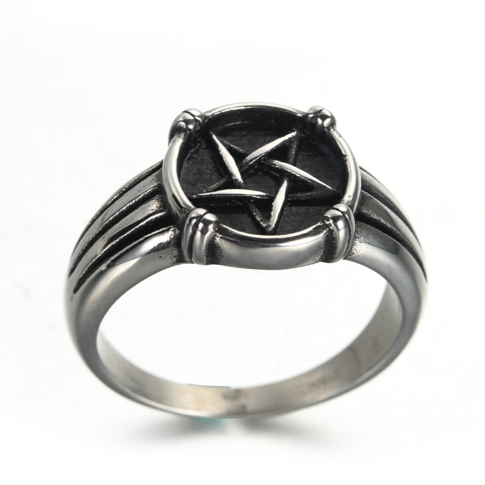 Men's Stainless Steel Pentagram Ring European American Retro Geometric Ring Travel Commemoration Gift Statement Jewelry