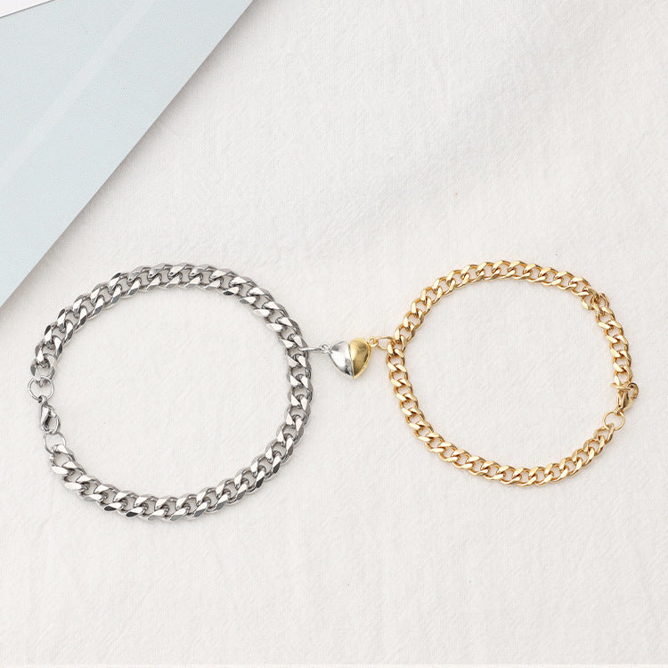 Couple Magnetic Cuban Link Heart Bracelets Set His Hers Fashion Metal Jewelry Black White Gold Finishes Colors