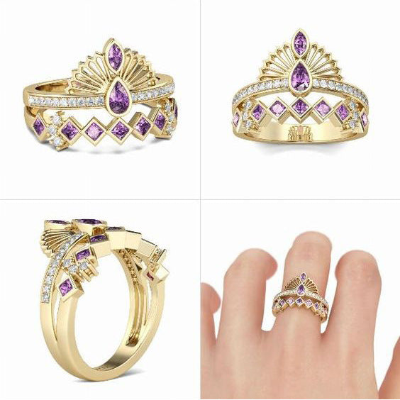 Gold Plated Purple Diamond Crown Ring For Women Inlaid Alloy Engagement Wedding Jewelry Sparkling Crown Ring For Her