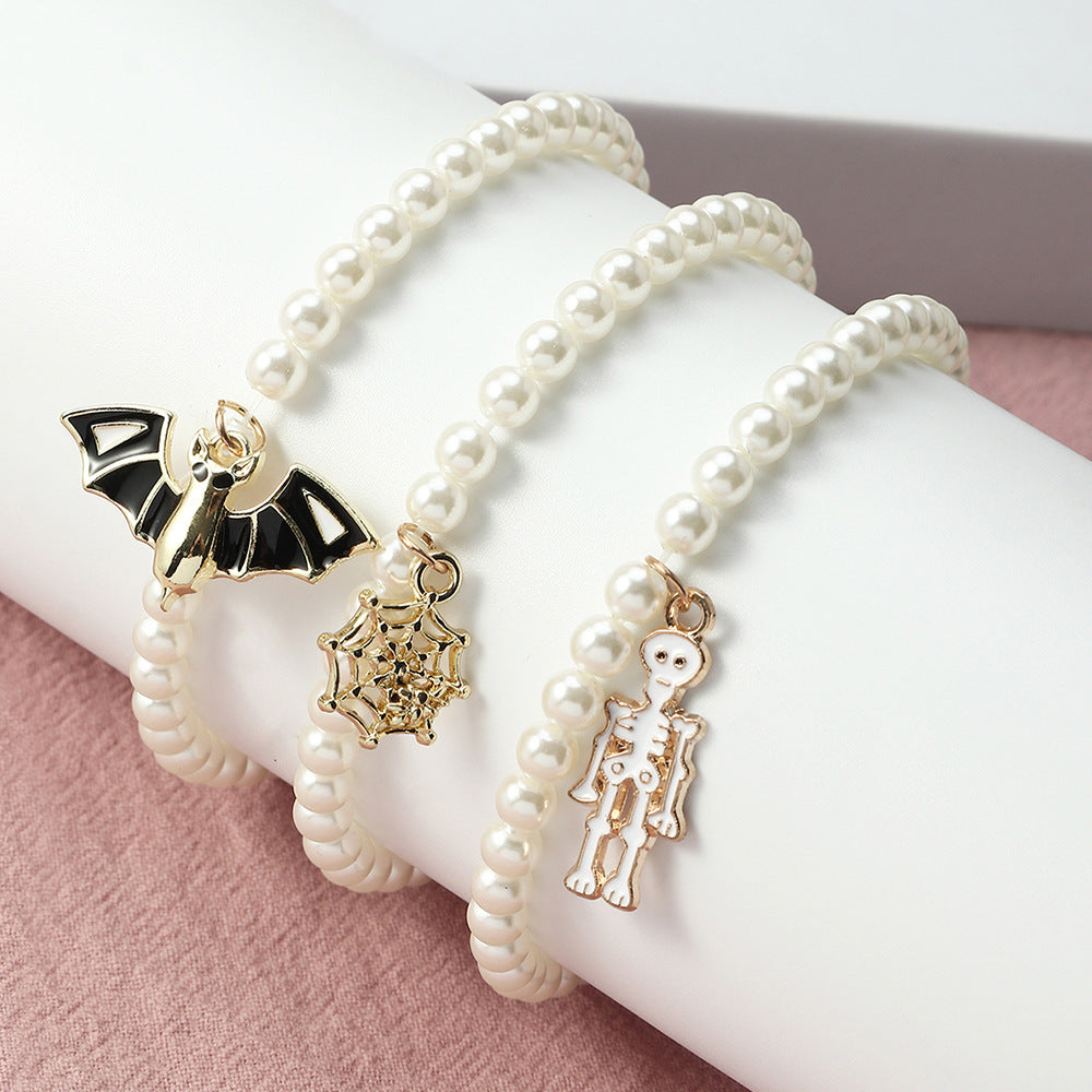 Womens Skull Bracelet Set Halloween Imitation Pearl Alloy Bracelet Fashion Design Women3PieceSet EuropeStyle