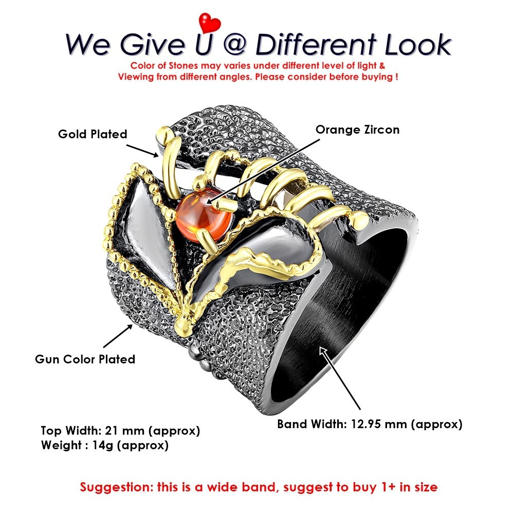 Copper Ring Gold Plated Orange Gem Inlaid Geometric Design