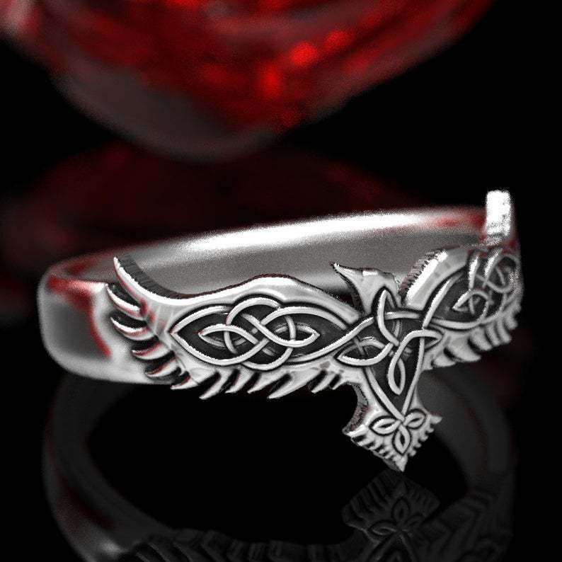 Unisex Geometric Crow Ring Ancient Silver Metal Statement Ring Fashion Jewelry Accessory Men Women Bird Ornate