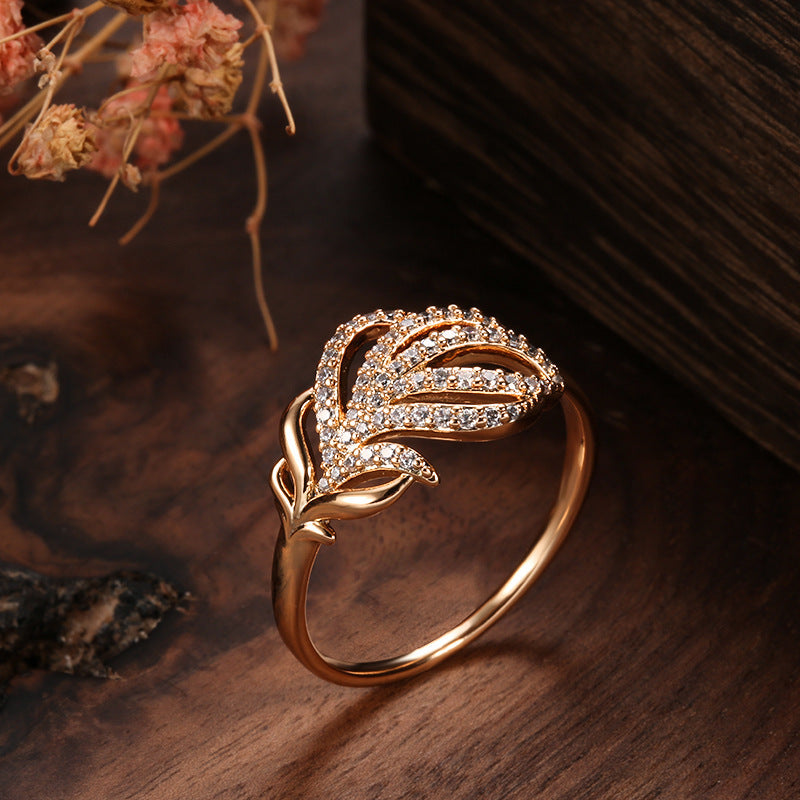 Rose Gold Flower Leaf Ring Copper Jewelry For Women