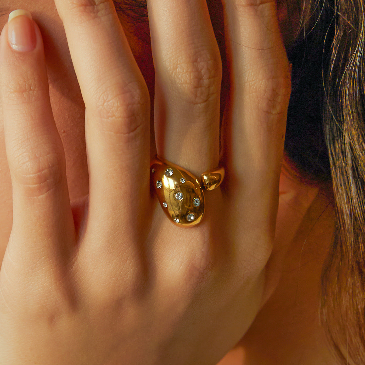 Geometric Color Diamond Ring In Gold Stainless Steel For Women And Girls Elegant Jewelry Exquisite Jewelry Set