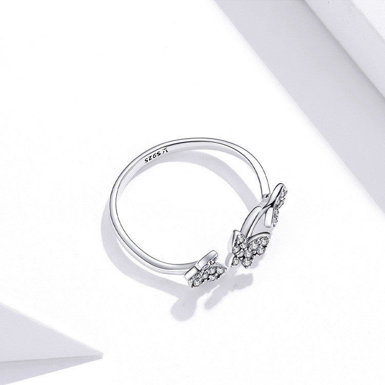 Sterling Silver Butterfly Ring Bow Design Adjustable Open Band Jewelry For Women Electroplated Finish In Modern