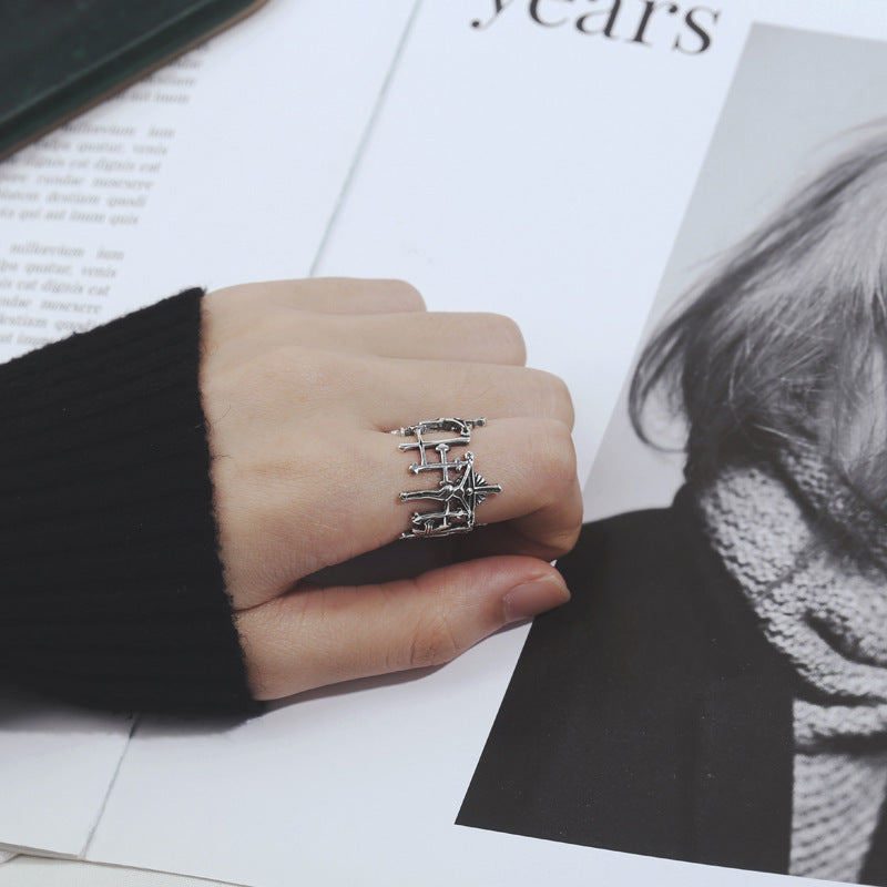 Unisex Adjustable Open Ring Vintage Punk Geometric Cross Copper Ring With Thai Silver Finish Everyday Wear Pro