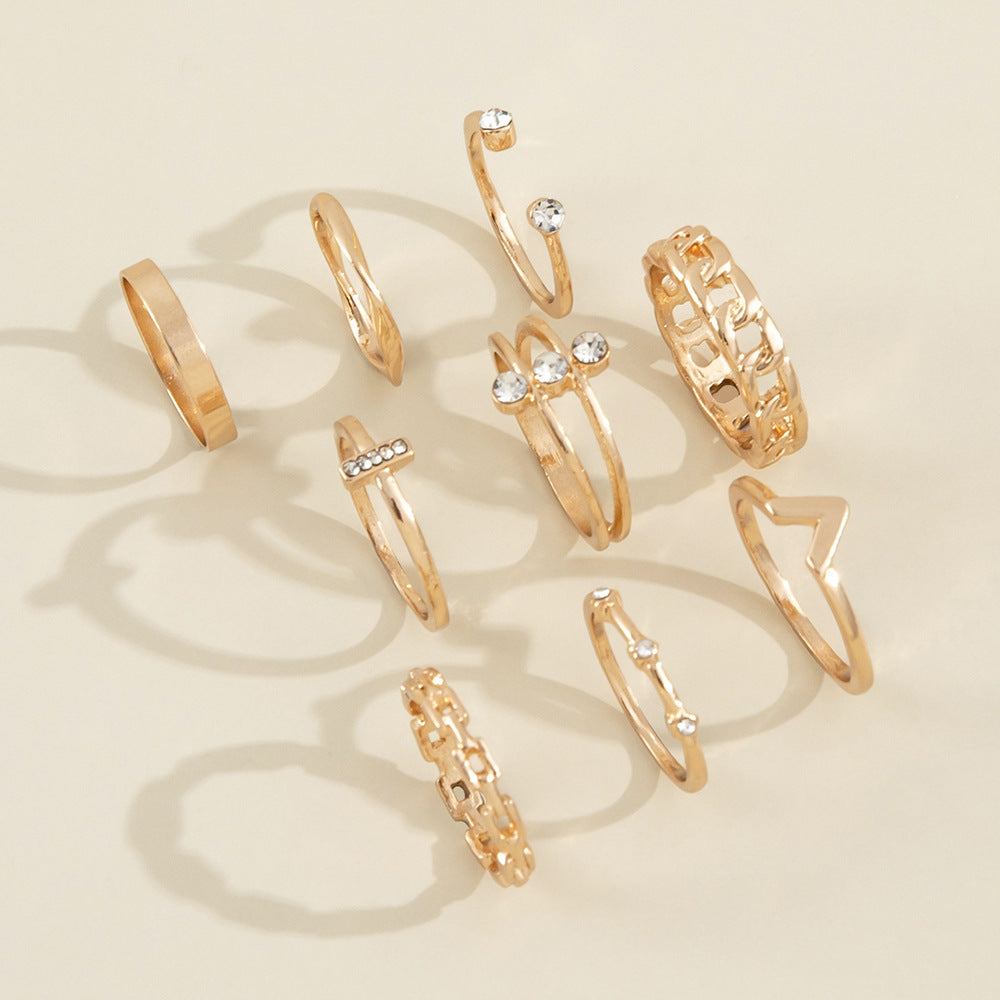 Women Ring Set 9 Piece Cross V Twist Geometric Alloy Rings With Artificial Gems Electroplated Fashion Everyday