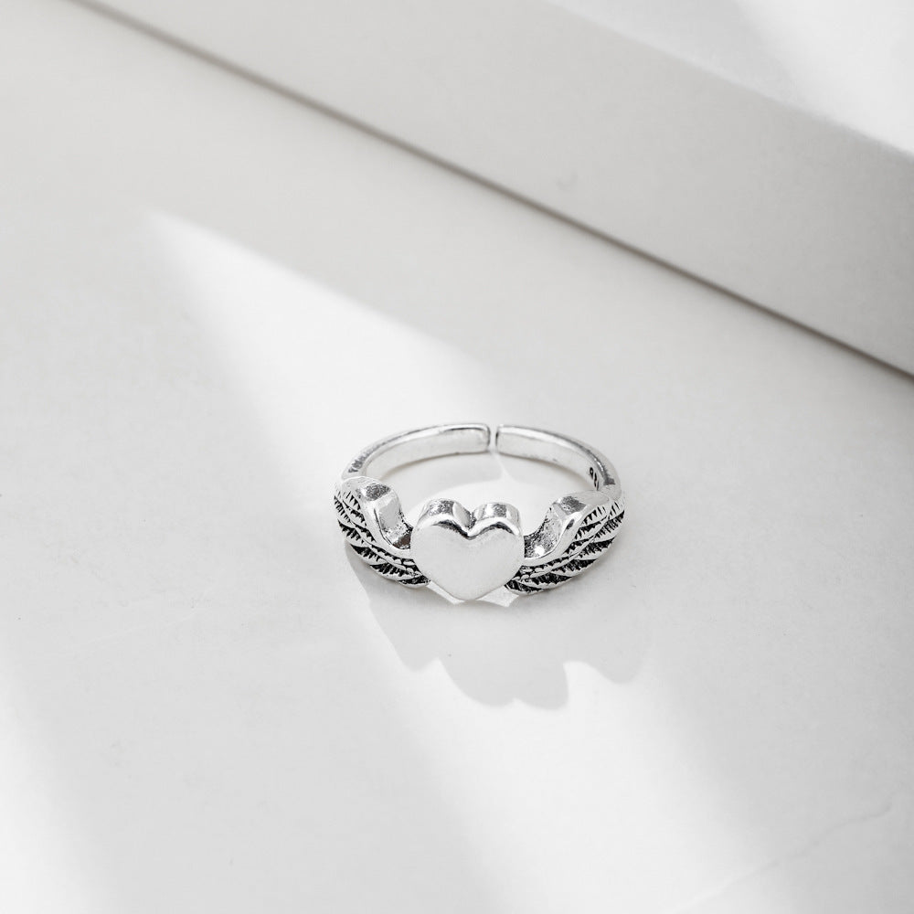Unisex Heart Angel Wings Ring Adjustable OpeningSize Electroplated Alloy Geometric Ring Silver European Fashion