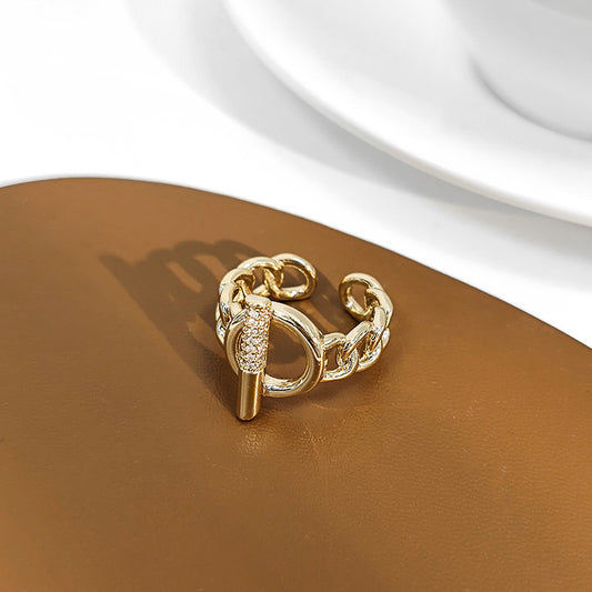 Women Adjustable Zircon Inlaid Ring Gold Plated Copper Geometric Statement Fashion Jewelry Accessory Elegant Everyday