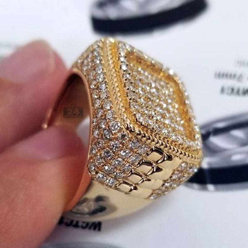 Mens Gold Plated Ring With Simulated Diamond Accents Geometric Design European American Inspired Fashion Jewelry