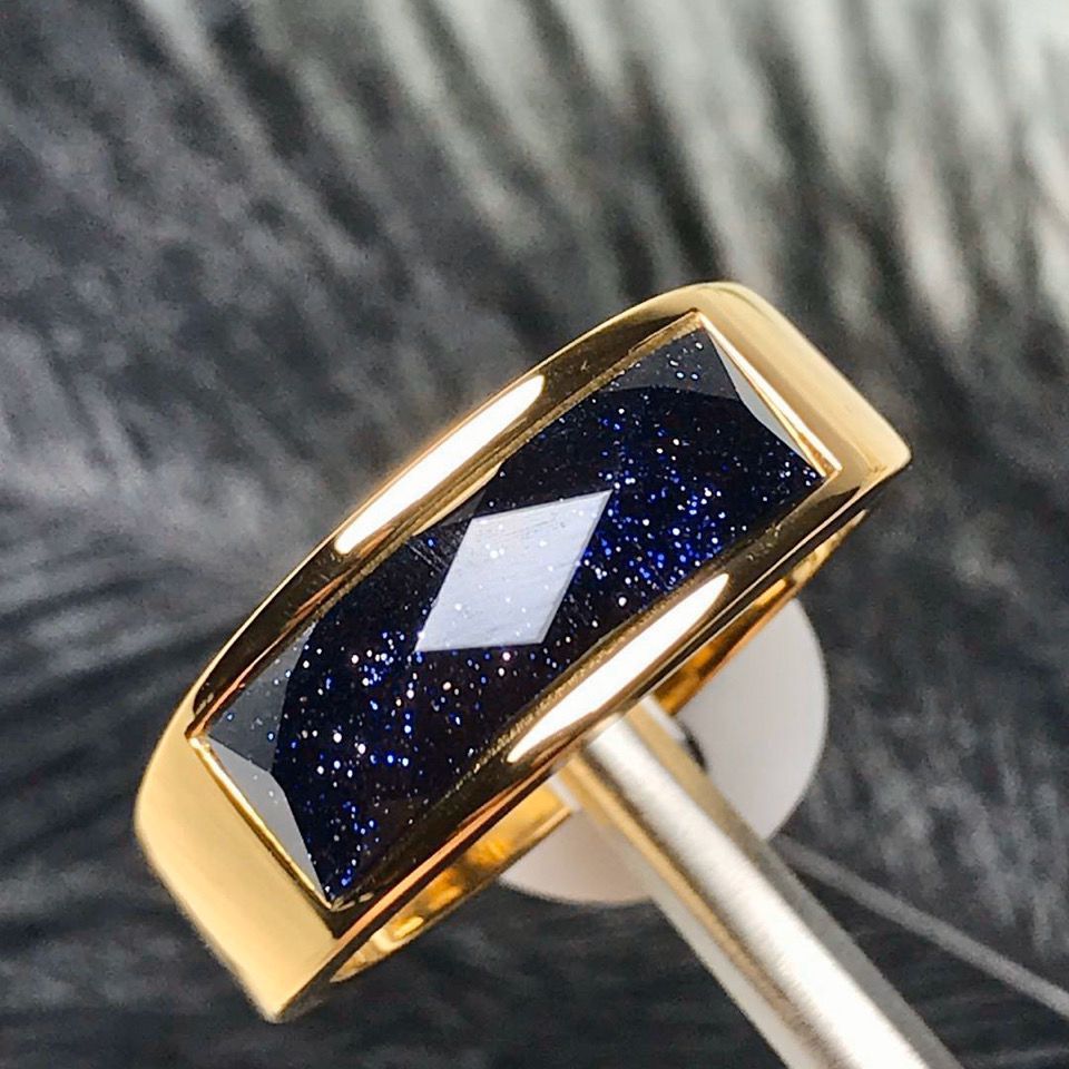 Three Color Semi Precious Stone Ring Stainless Steel Leaf Geometry Water Ripple Blue Sand Gold Size 6 7 8 9 10