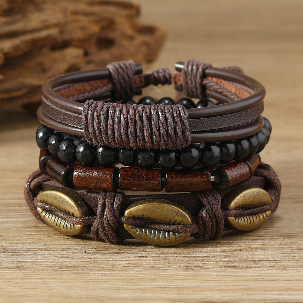 Leather Bracelet Set For Unisex Four Piece Alloy Shell And Butterfly Elements Retro Artistic Layered Handcrafted