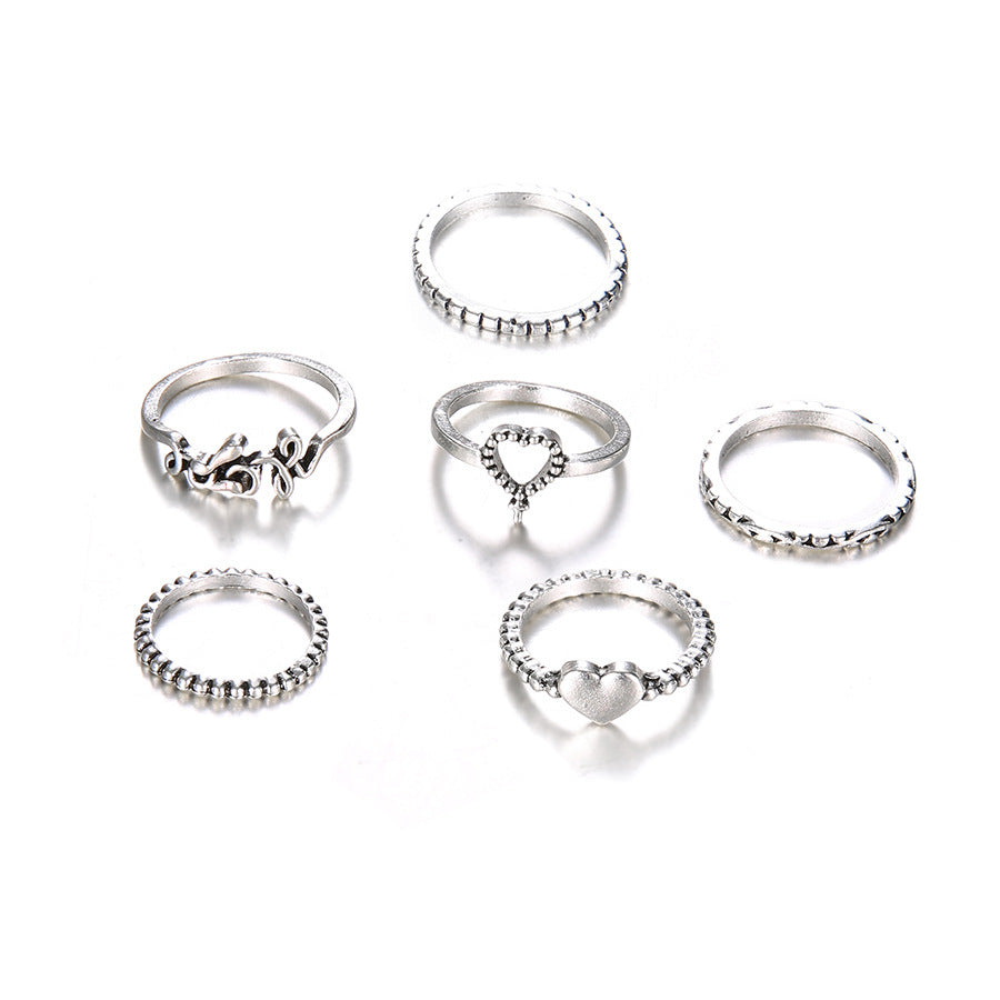 Retro Carved Five Piece Ring Set for Women Geometric Alloy White Electroplated Knuckle Rings Elegant Vintage Style