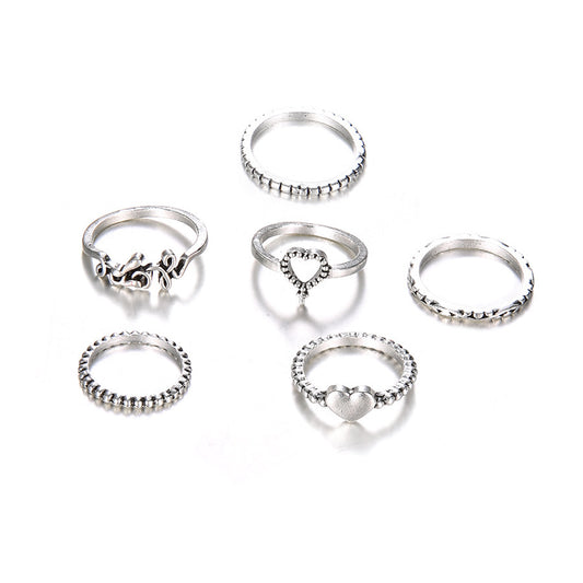 Retro Carved Five Piece Ring Set for Women Geometric Alloy White Electroplated Knuckle Rings Elegant Vintage Style