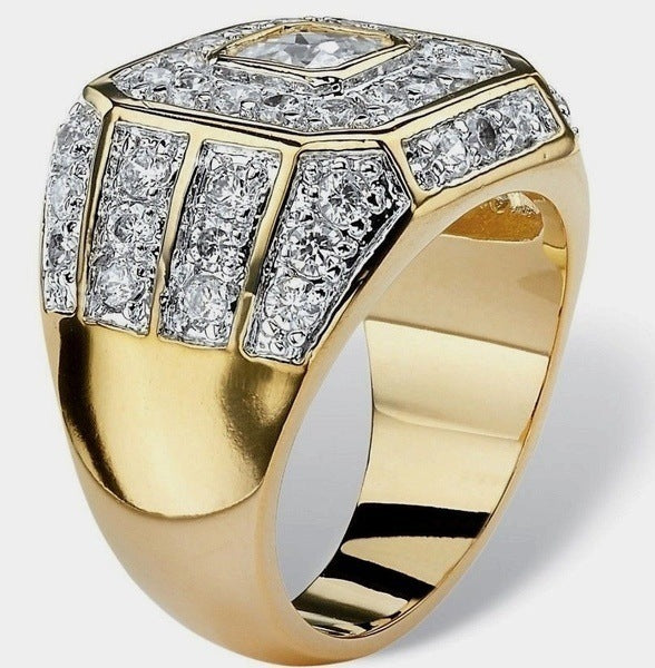 Mens Gold Plated Square Ring With Zircon Stone Alloy Electroplated Hip Hop Style Travel Gift Size Seven To Twelve