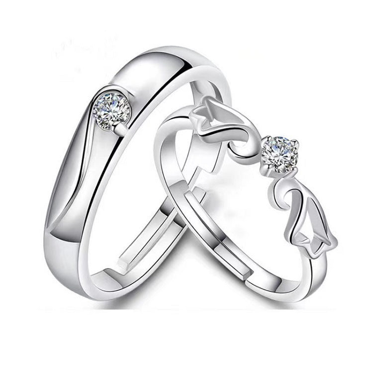 Women Adjustable Open Ring Heart Bow Wave Design Copper Electroplated Micro Zircon Inlaid Anniversary Couple Ring