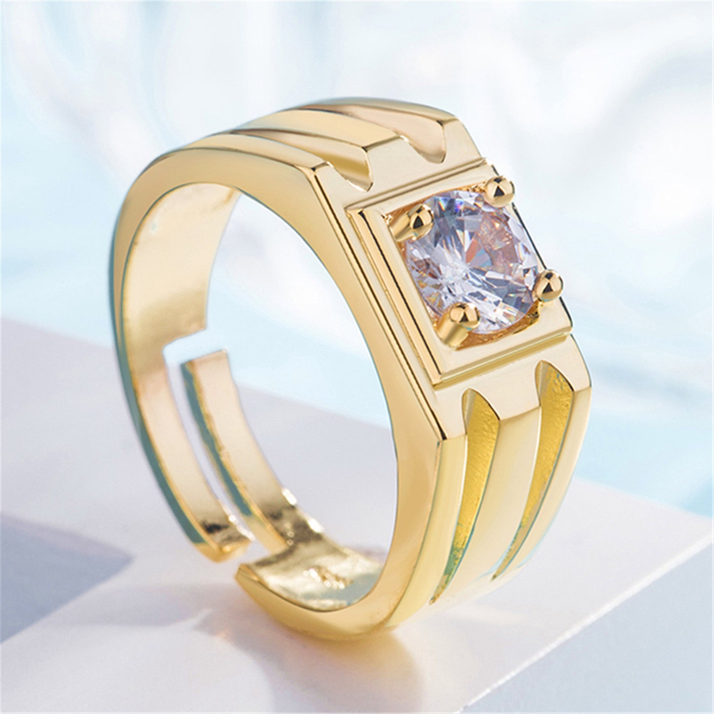 Mens Gold Plated Ring Adjustable Copper Band Geometric Korean Style Fashion Ring Modern Design Jewelry Everyday Wear