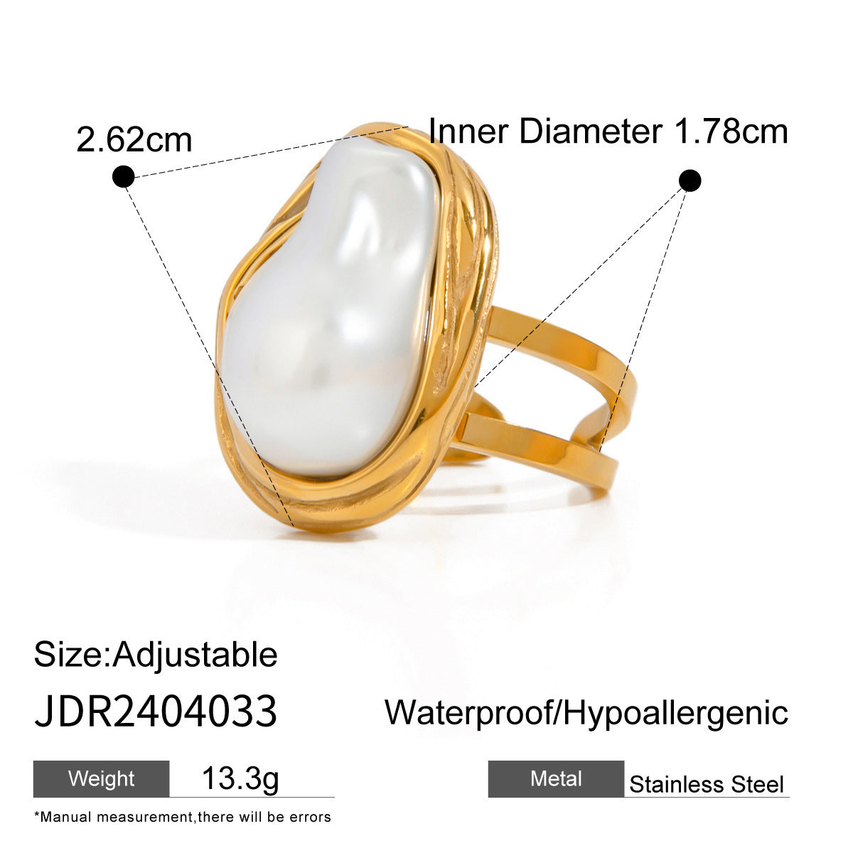 Gold Ring With Pearl Stainless Steel Adjustable Geometric Jewelry For Her Original Design Elegant Everyday Use