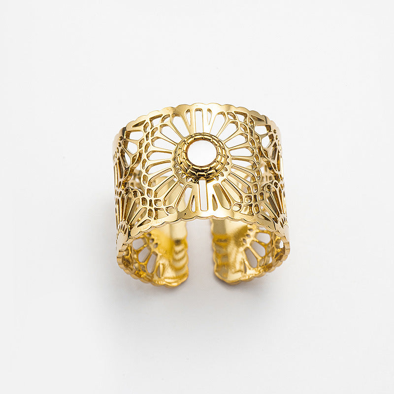 Women Titanium Steel Ring Adjustable Shell Flower Hollow Design Jewelry for Her Fashion Jewelry for Daily Wear