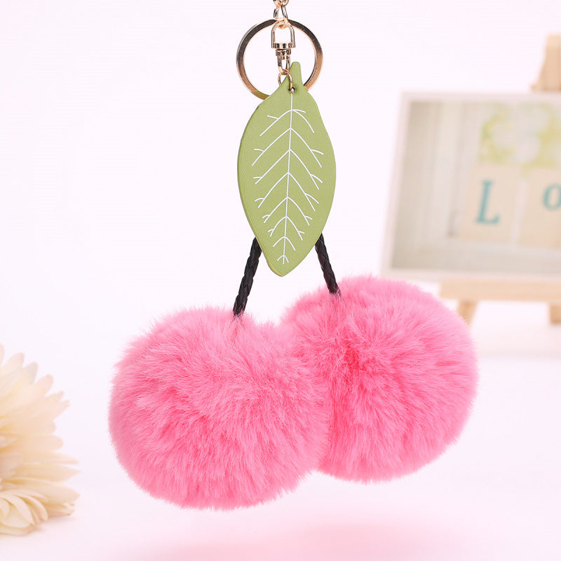 Womens Plush Cherry Keychain Cute Fruit Hair Ball Pendant Fluffy Pom Pom Handbag Charm Fashion Accessory Girls