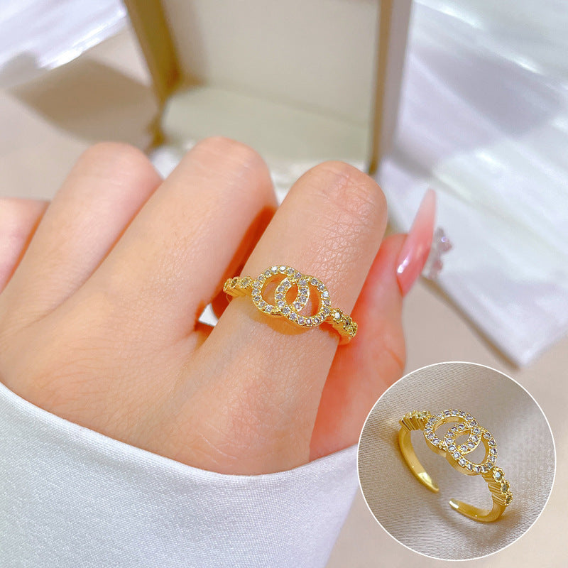Gold Plated Double Ring Classic Style Micro Inlay Light Luxury Ring For Women Adjustable Elegant Everyday Item