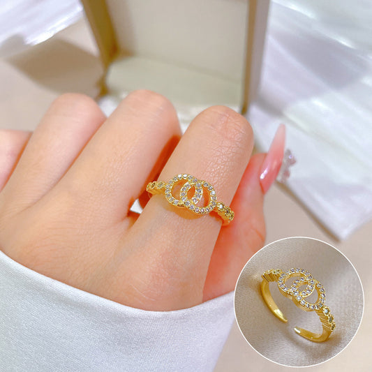 Gold Plated Double Ring Classic Style Micro Inlay Light Luxury Ring For Women Adjustable Elegant Everyday Item