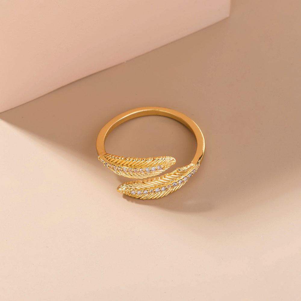 Adjustable Copper Zircon Leaf Ring With Feather Detailing