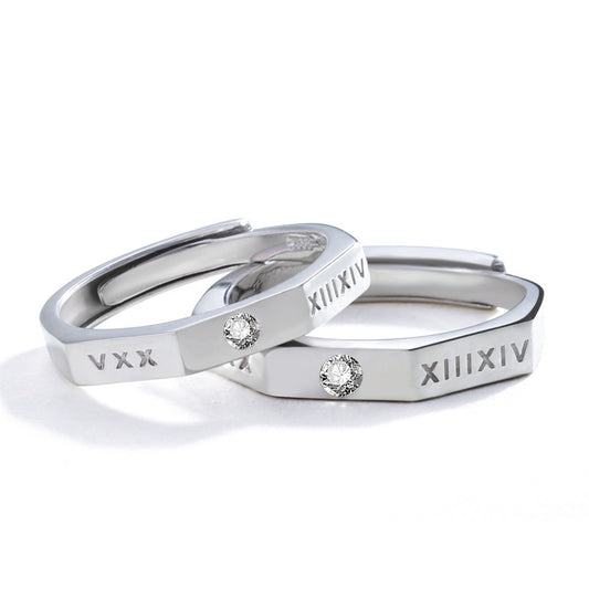 Couple Ring 925 Sterling Silver Roman Numeral Matching Rings For Men And Women Adjustable Opening Band Stylish