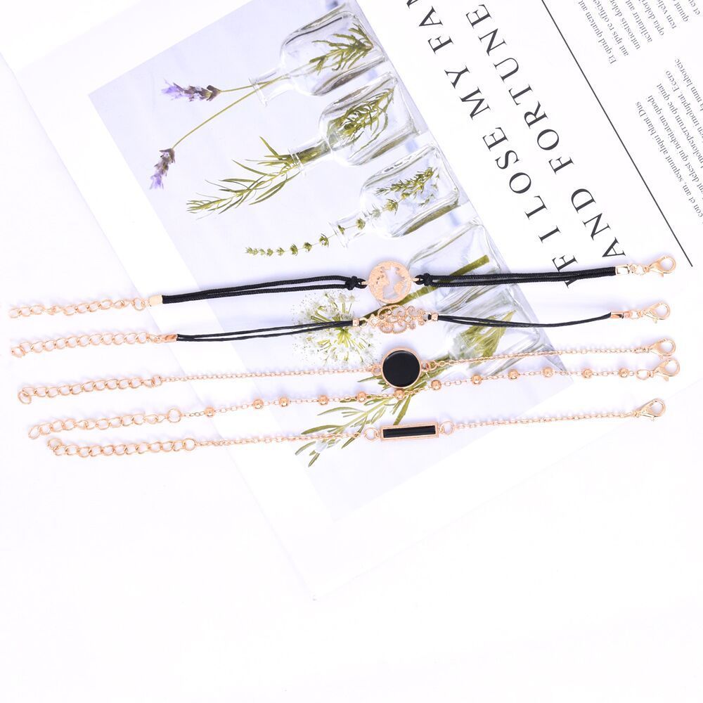 Five Piece Alloy Bracelet Set Bangle With Dripping Oil Rectangular Diamond Map And Letter Number Text Design Style