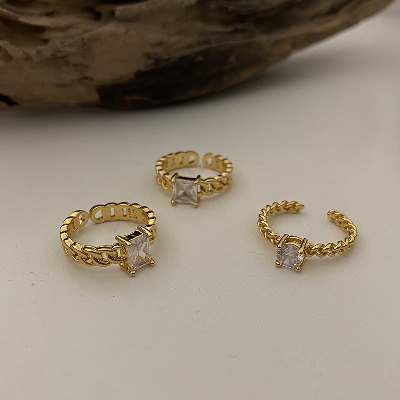 Womens Adjustable Copper Ring With European Gold Chain Baguette Design Braided Round Stone Square Gem Ring Set