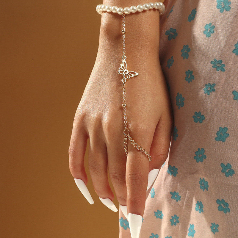 Butterfly Finger Bracelet With Pearl Chain Delicate Jewelry
