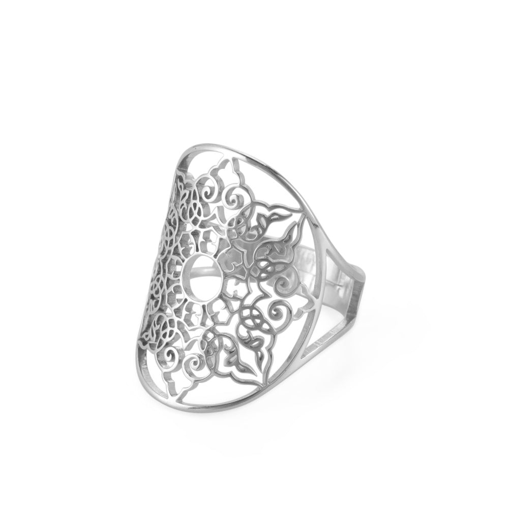 Vintage Stainless Steel Openwork Snow Petal Oval Ring Adjustable Size Not Inlaid White Gold Rose Gold Finish Ring