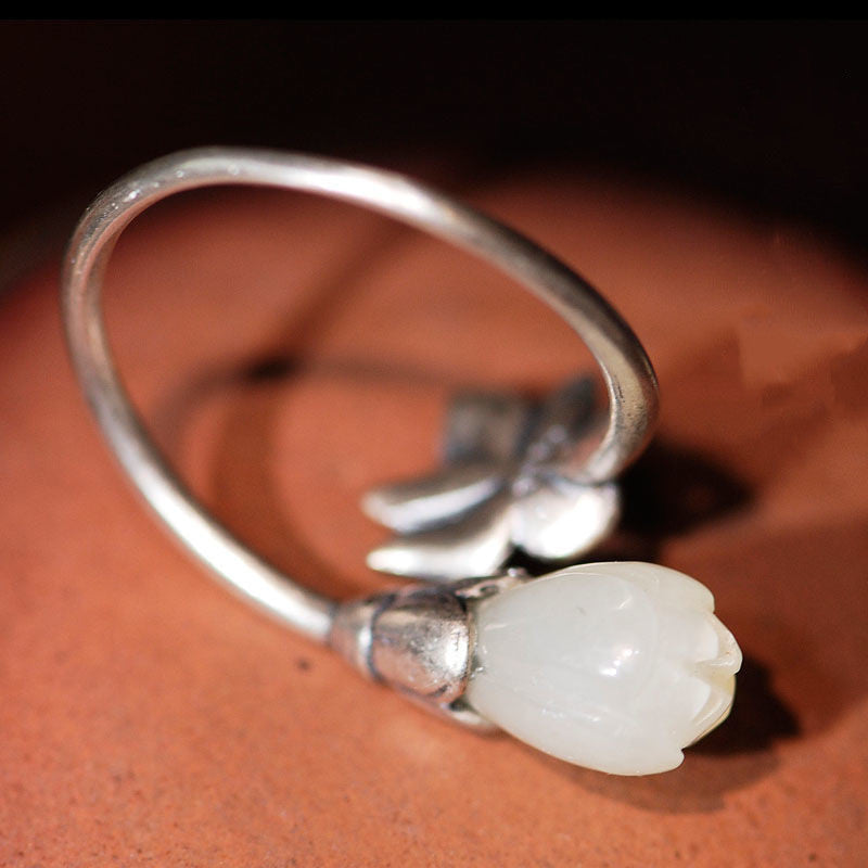 Unisex Retro Lotus Ring Electroplated Copper Orchid White Jade Durable Elegant Statement Jewelry Everyday Wear