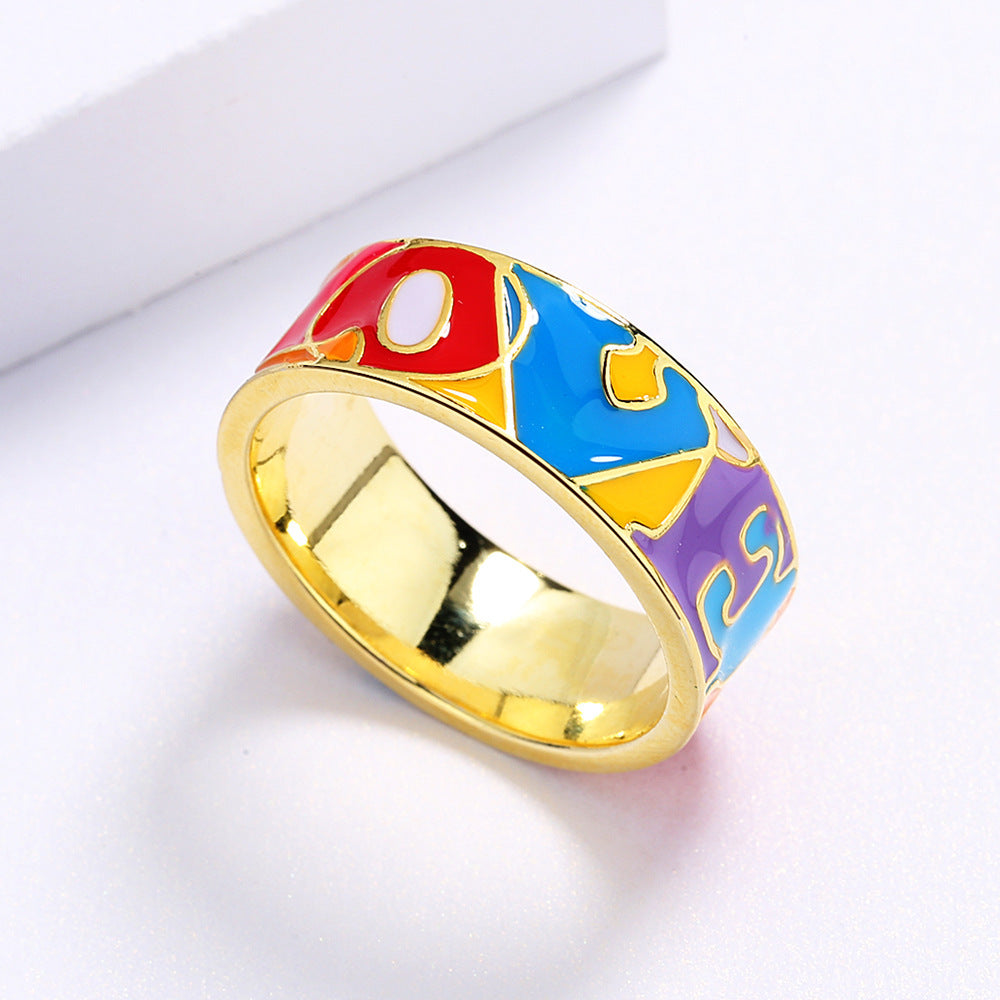 Gold Plated Brass Ring With Epoxy Colored Letters Geometric Design Durable Fashion Jewelry Accessory In Sizes 6 7 8 9 10 Everyday Wear