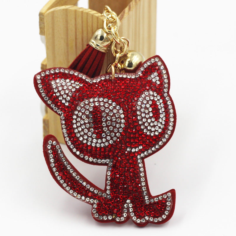 Cute Cat Keychain Bag Charm With Diamond Detailing Two Tone Flannel Material Rose Red Cat Pendant For Handbags