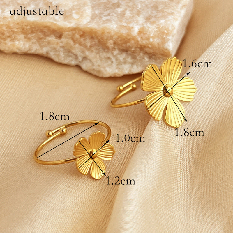 Unisex Stainless Steel Open Ring With 18K Gold Plated Flower Design And Heart Shape Adjustable Ring Fine Style