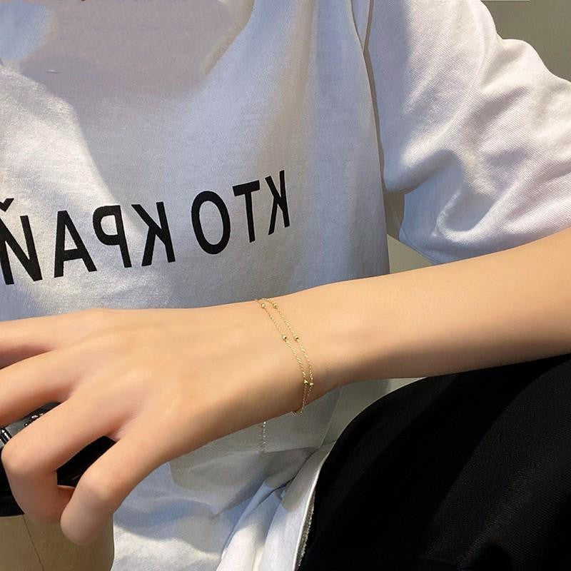 Womens Geometric Double Layer Bracelet With Beads Copper Gold Plating Adjustable Extender Jewelry Gift For Her