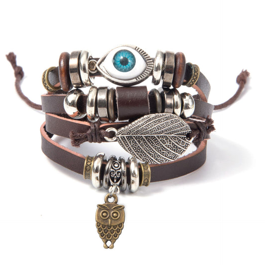 Unisex Leather Bracelet With Punk Owl And Leaf Design Adjustable Hand Woven Rope With Metal Accents Dark Brown