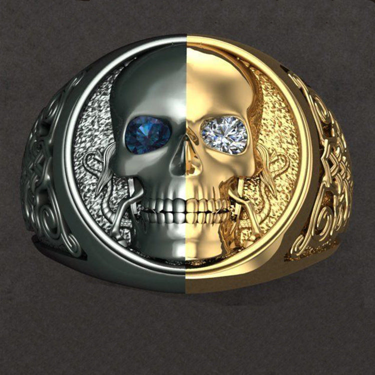 Mens Skull Ring Blue White Diamond Two Tone Alloy Electroplated Fashion Jewelry Statement Piece Durable Design