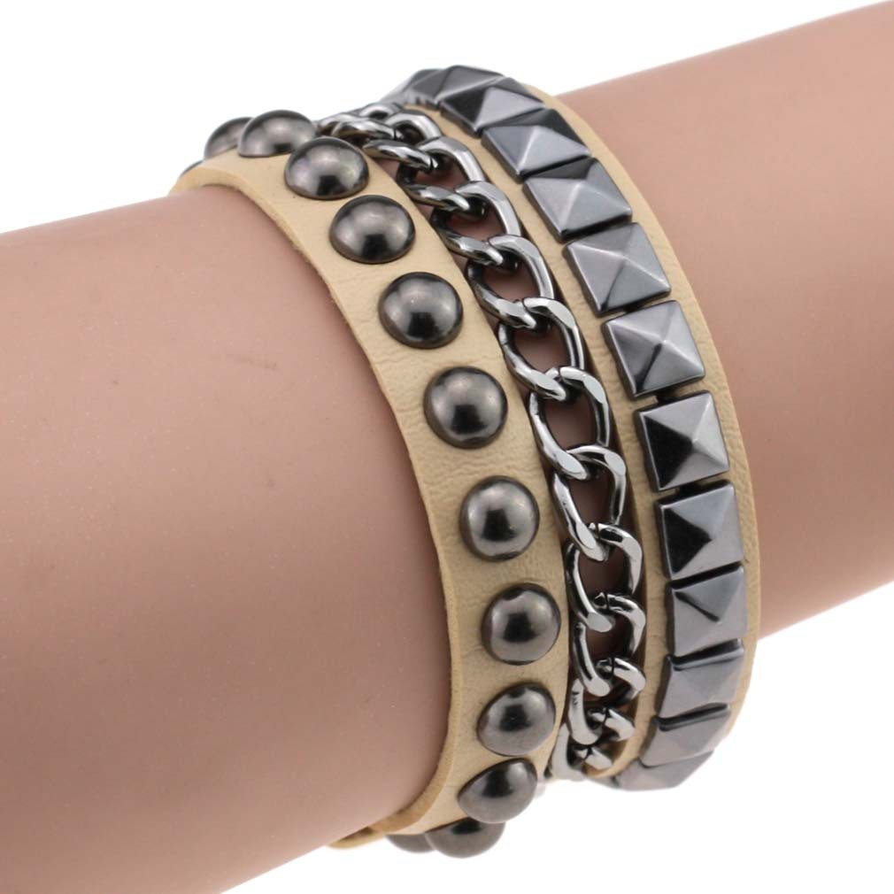 Layered Rivet Leather Bracelet PU Metal Bangle 22cm