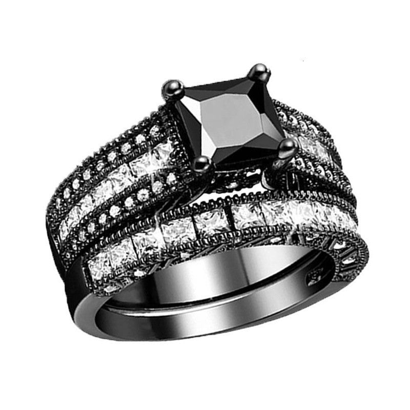Women Black Inlaid Square White Zircon Ring Flower Design Gold Plated Alloy Jewelry For Daily Wear Occasions