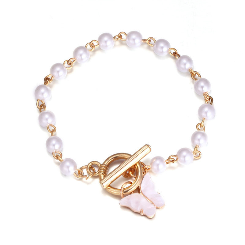 Gold Pearl Butterfly Bangle With Love Charms Bracelet