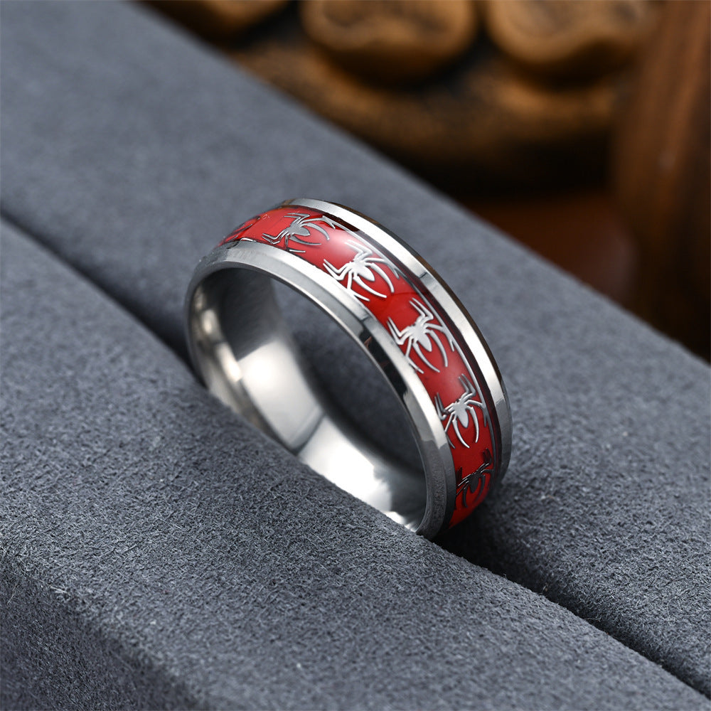 Titanium Steel Spider Ring With Oil Dripping Patch Design Beveled Edge Band Ring For Men Bold Patch Ring Style