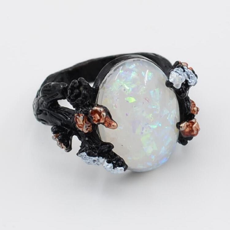 Vintage Flower Opal Ring In Black Gold Finish With Geometric Design Sizes 6 7 8 9 10 With Elegant Details Soon