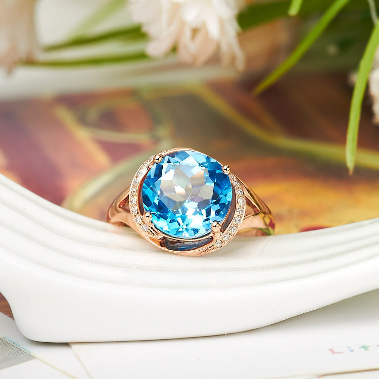 Womens Blue Topaz Ring 18K Rose Gold Plated Gemstone Adjustable Geometric Design Delicate Elegant Jewelry Chic