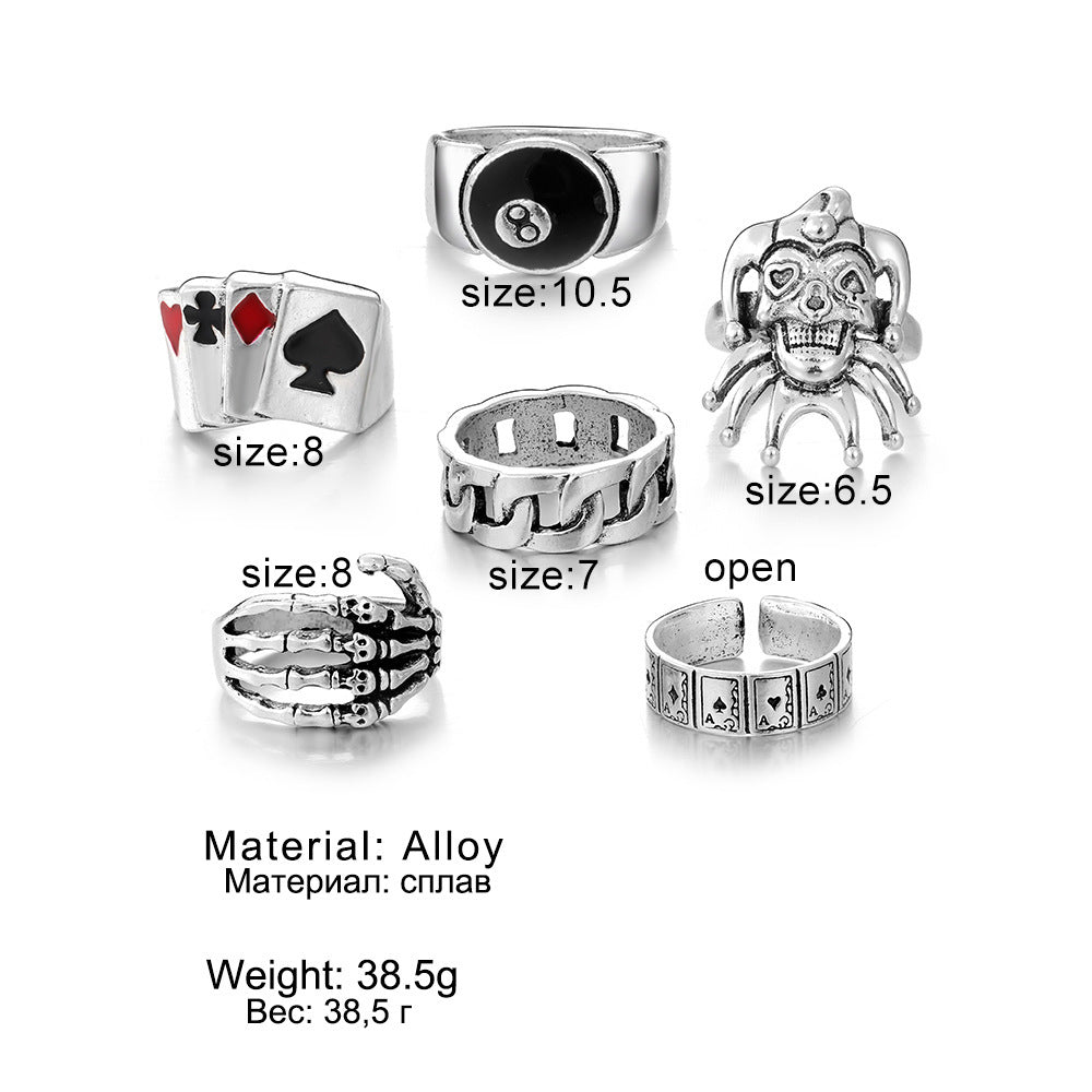 Unisex Alloy Poker Card Rings Set Of 6 Trendy Metal Plaid Ethnic Crown Skull Geometry Rainbow Designs Fashions