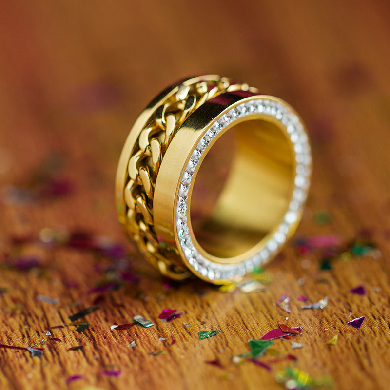 Geometric Ring For Women Girls Stainless Steel Electroplated Ring With Side Stick Drill Detail European Fashion