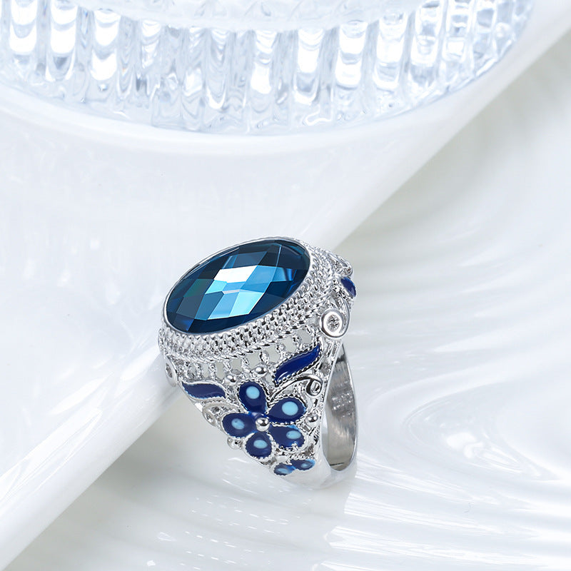 Womens Retro Emerald Agate Ring Silver Plated Copper Inlaid Colorful Flowers Gemstone Jewelry Size 7 8 9 Color