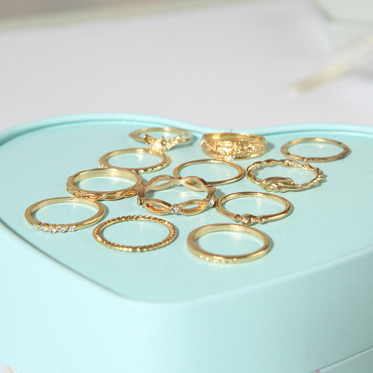 Geometric Diamond Alloy Ring Set Vintage Design 12 Piece Gold Tone Jewelry for Women Classic Vintage Style Fun
