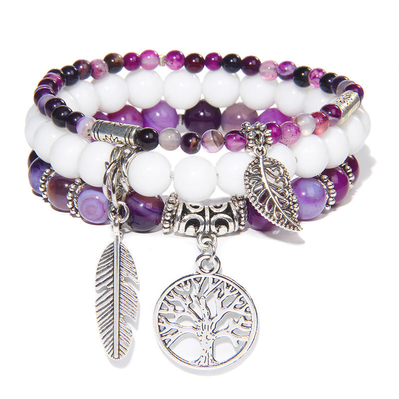 Unisex Agate Beads Bracelet Set With Tree Of Life Pendant